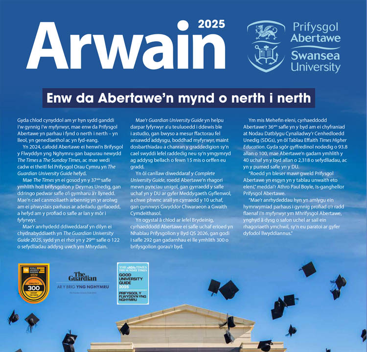 Image of the issue cover of Arwain 2025 with graduates throwing graduation hats