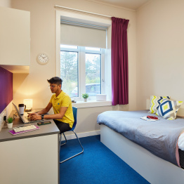 An image of a student studying in a room in student accommodation on Bay Campus.