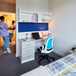 An image of two students talking to each other in a room in Bay Campus accommodation. 