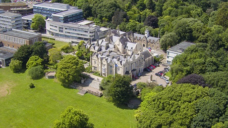 Aerial photo of the Abbey Building on Singleton Campus