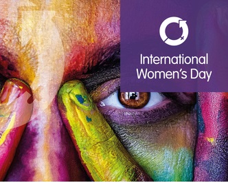 a woman's face covered in different bright paints and an international women's day logo 2021