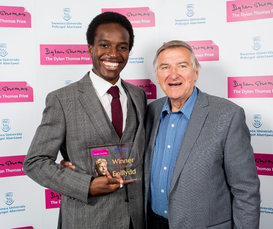 Peter Stead with the 2018 Dylan Thomas Prize winner, Kayo Chingonyi.