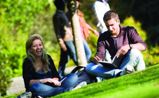 Students sitting on the grass reading