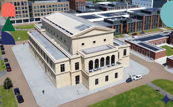A selection of images, including a lady smiling, the outside of a red brick building and a plate of sandwiches 