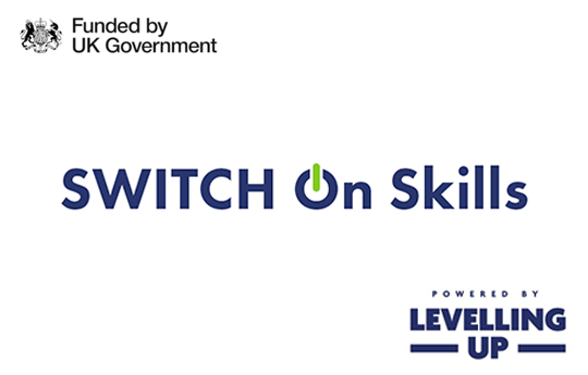 Switch on Skills logo with funded by UK Government and Levelling Up logos