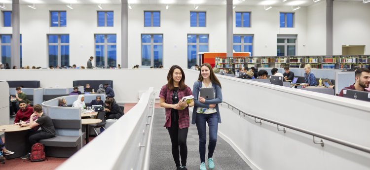 two students carrying books walking in the Bay Library