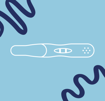 A white outline of a pregnancy test on light blue background with dark blue waves.