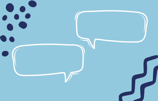Light blue background with the white outline of two speech bubbles. In the top left and bottom right corners, there are dark blue drawings of dots and lines as part of a design pattern for the page. 