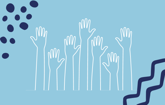 Light blue background with the white outline of seven hands reaching up in the air. In the top left and bottom right corners, there are dark blue drawings of dots and lines as part of a design pattern for the page. 