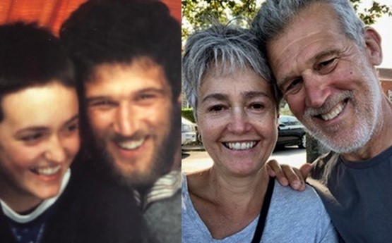 A split image of Jane and Tony. The image on the left was taken in a photo booth in 1978 and the image on the right is a selfie taken in 2020.