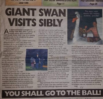 A photo of the student newspaper article from 2002 that reported the giant swan's visit to Sibly