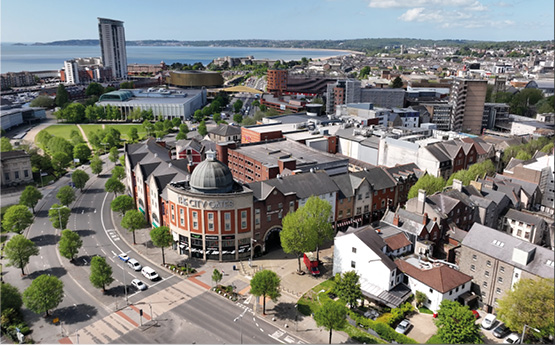 Aerial view of Swansea City centre overlooking Swansea Bay