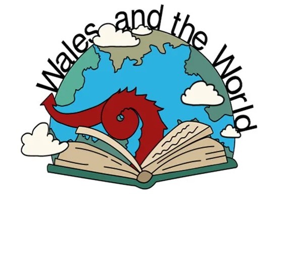 drawn image of red dragon tail, globe and book with the words Wales and the World