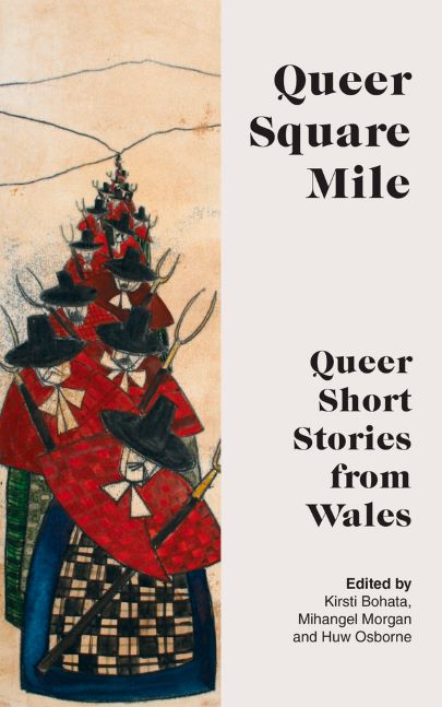 book cover of queer square mile with figures in traditional women's costumes, moustaches and pitchforks