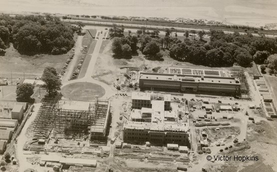 An aerial photo of the building of College House in the 1950s