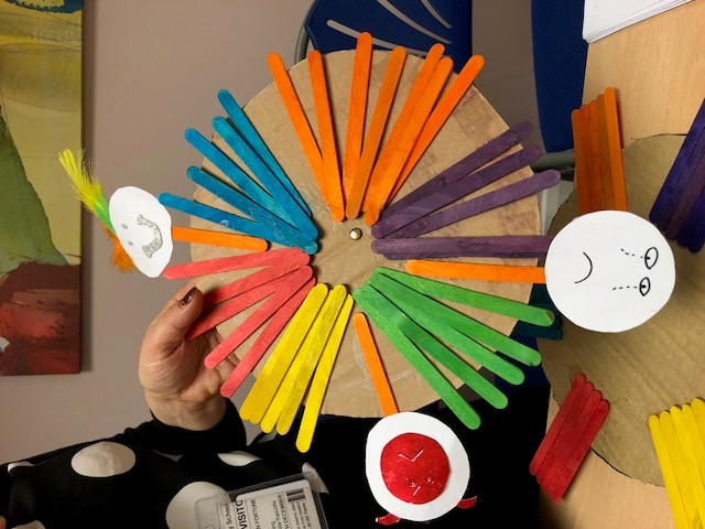 Shows a child's 'emotion wheel.'