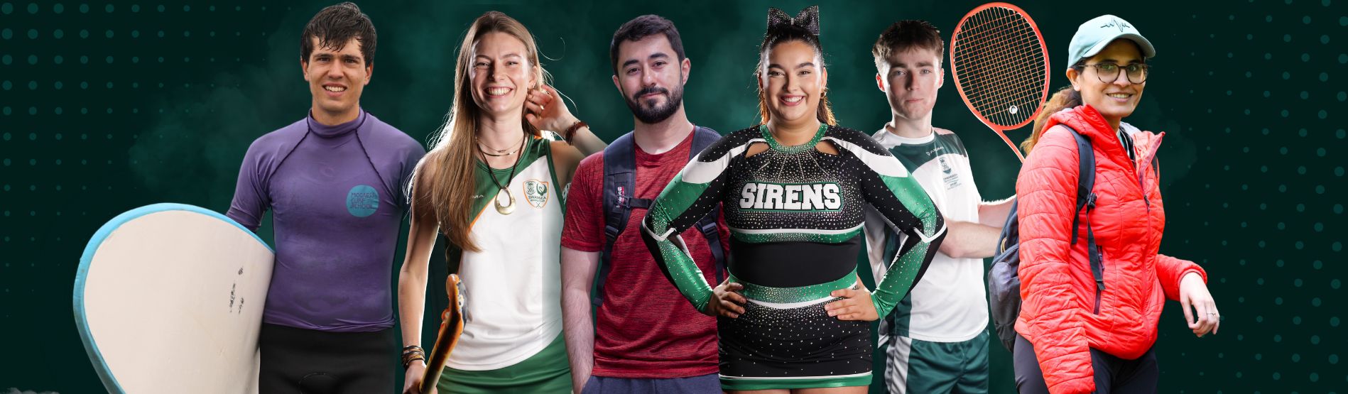 Students from sports clubs and programmes against a green background