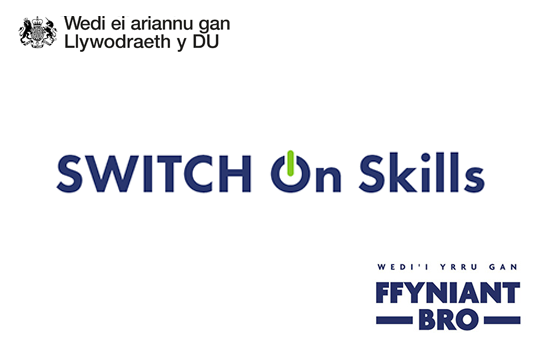 Logo Switch on Skills wedi'i ariannu gan Lywodraeth y DU a logos Leveling Up