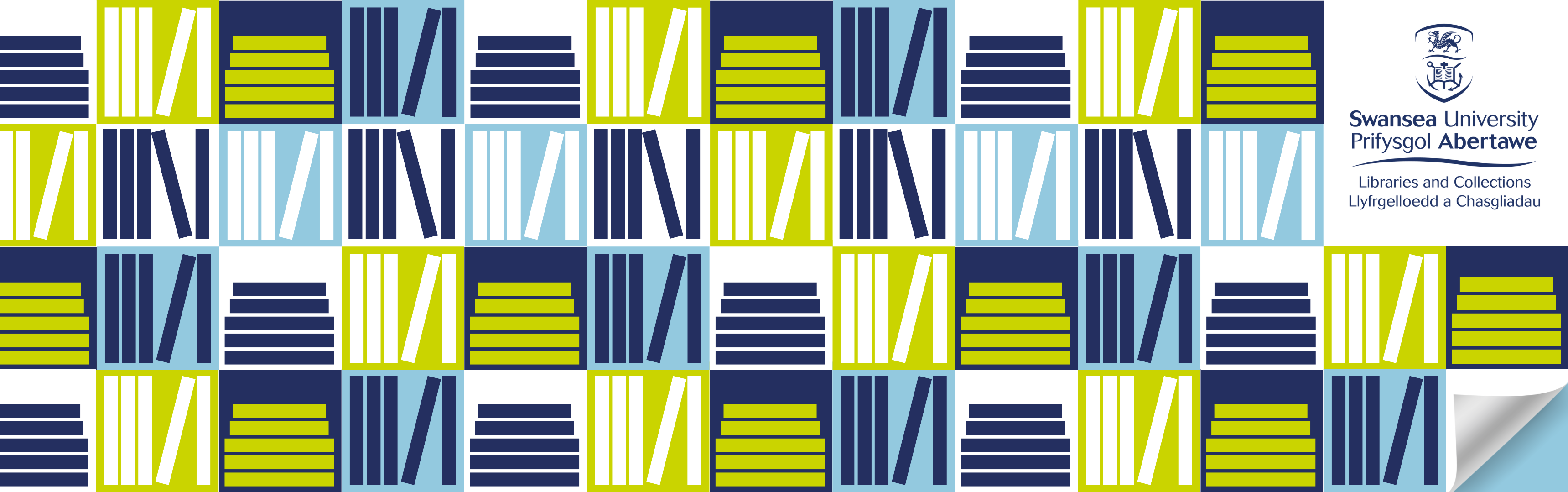 silff lyfrau sydd wedi'i chreu o flociau amryliw o bentyrrau o lyfrau