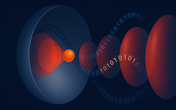 Darluniad yn dangos ton oleuni sy'n sefyll ac sydd wedi ei hadlewyrchu gan ddrych crwm gyda gronyn sfferig yn ei ganol. Mae llif o wybodaeth, a gynrychiolir gan 0 ac 1, yn ymddangos o'r system.