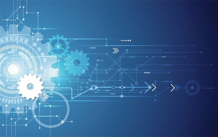 Cefndir technoleg haniaethol sy'n cynnwys gerau cyd-gloi a llinellau deinamig mewn dyluniad modern.