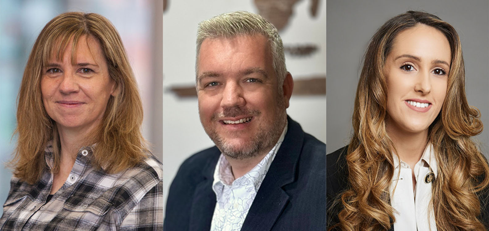 Delwedd yn cynnwys tri llun pen ac ysgwydd, dwy fenyw gyda dyn yn y canol