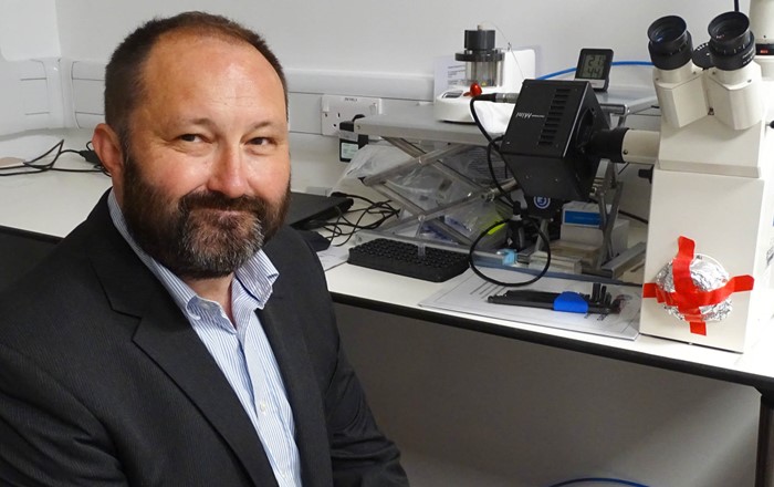 Person yn eistedd o flaen microsgop