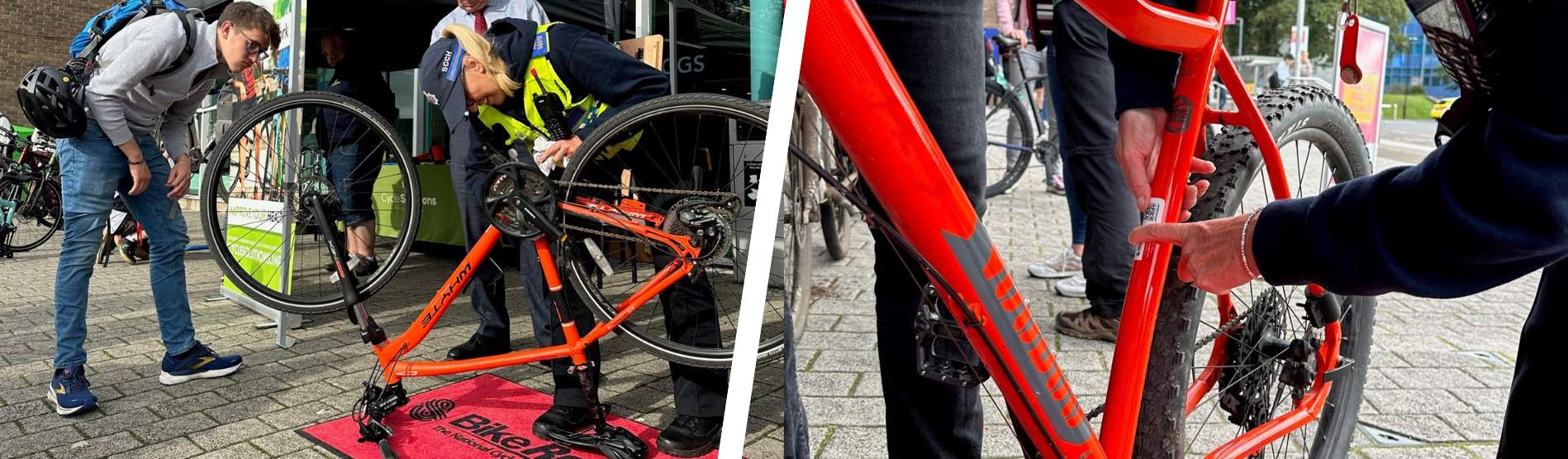 Two images of bikes being registered
