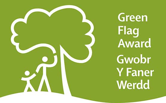 Green Flag Award - a white tree icon with adult and child standing underneath it on a green background