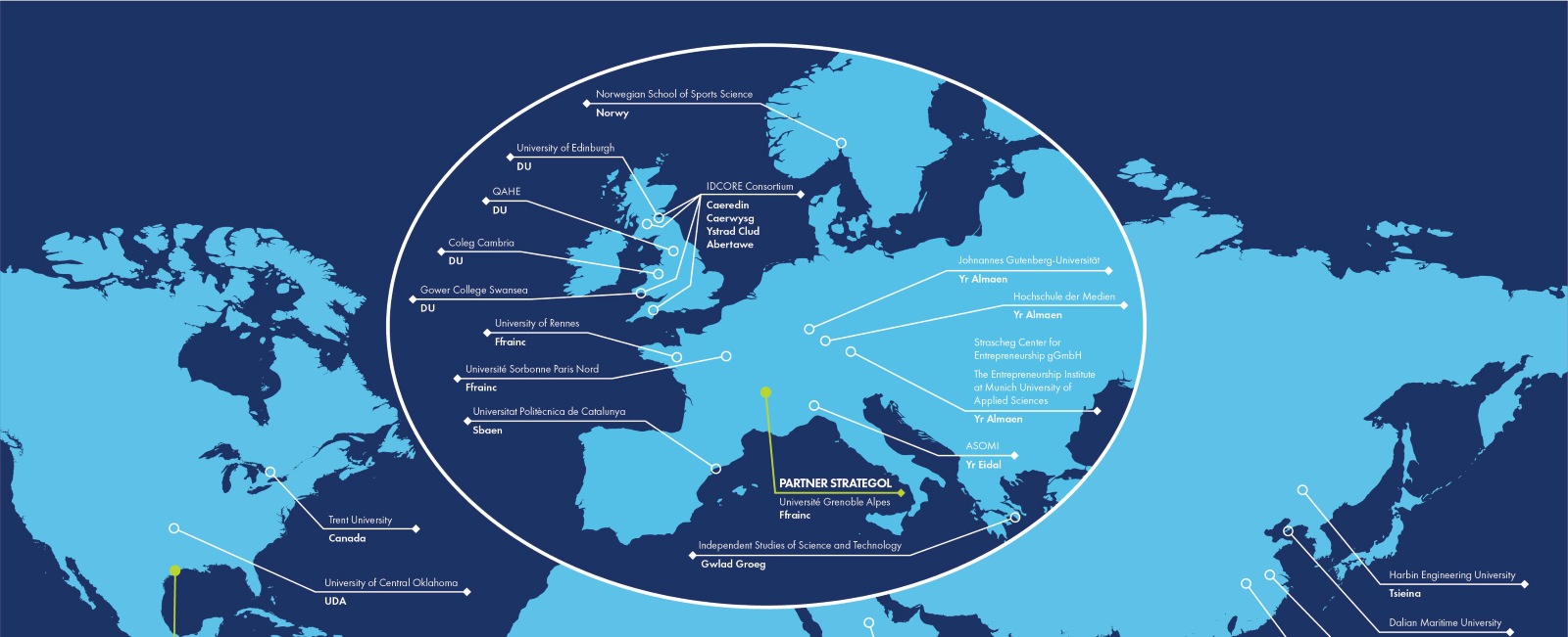 Map o'r byd gyda Partneriaid Prifysgol Abertawe