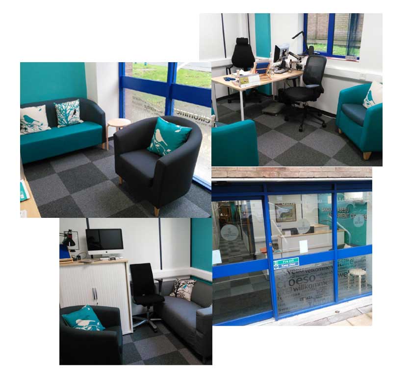 A collage of pictures of the inside and outside of our assessment centre, showing a mixture of comfortable chairs, office chairs, technical equipment, reception area and front door. All rooms are in light grey and teal, with dark grey carpet