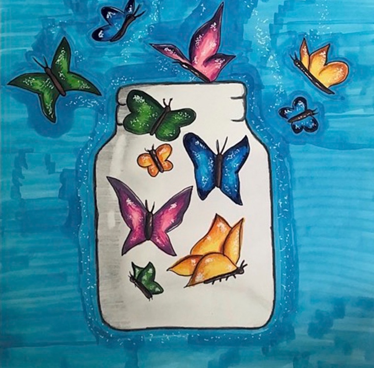 Painting of butterflies flying out of a jar