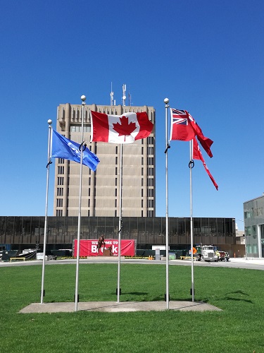 Flags in front of university building