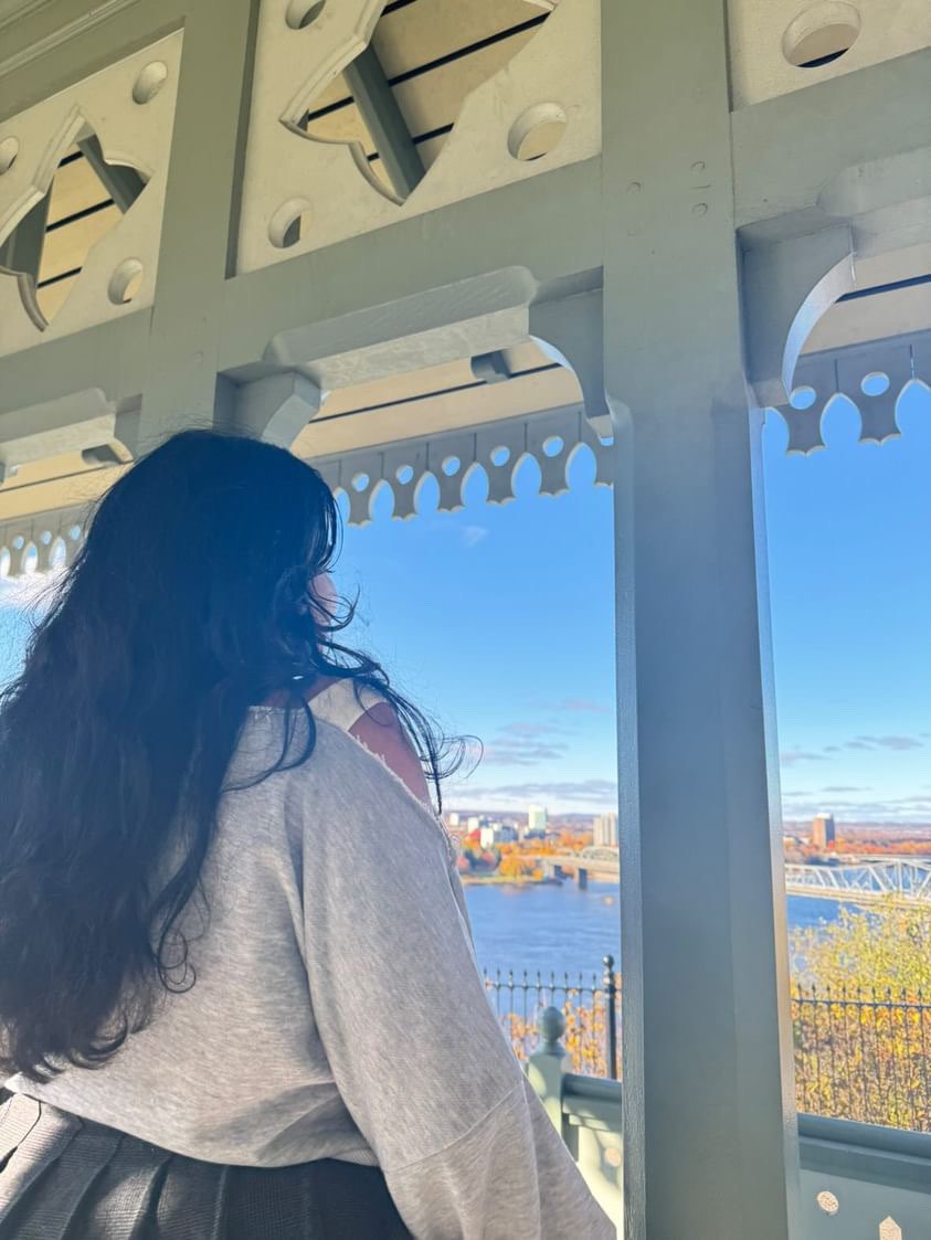 Student standing at viewpoint over lake in Carleton.