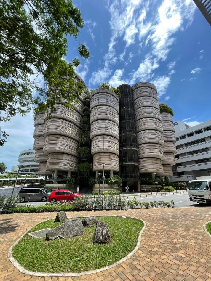 Funky building in Singapore on a sunny day.