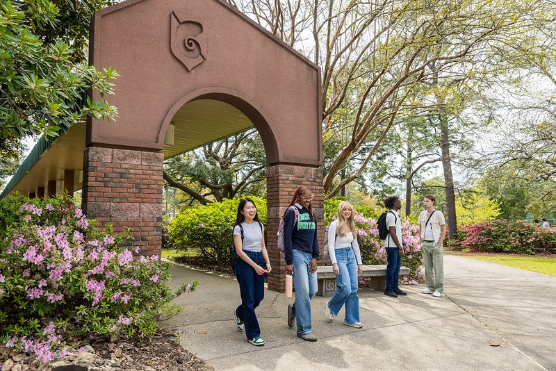Students walking on campus during spring time. 