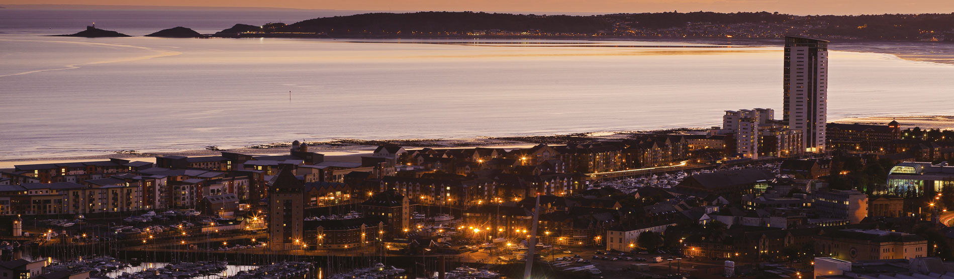 Ariel view of Swansea Bay at Sunset.