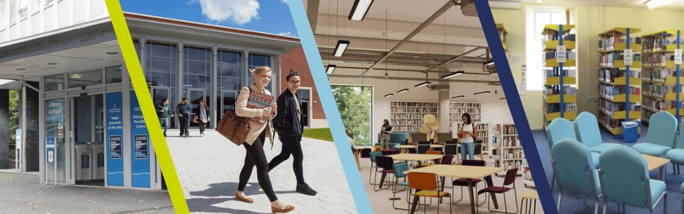 Images of the library buildings in a decorative banner