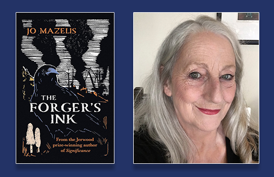 Image of 'The Forger's Ink' book cover on the left with headshot of Jo Mazelis on the right
