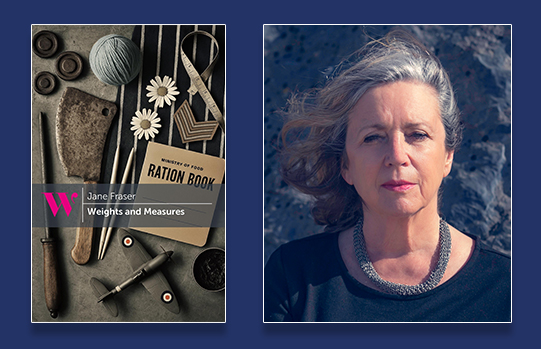 Image of 'Weights and Measures' book jacket (left) image of Jane Fraser (right)