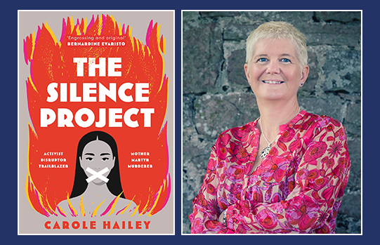 Image of The Silence Project book jacket on left with a photo portrait of Carole Hailey on the right