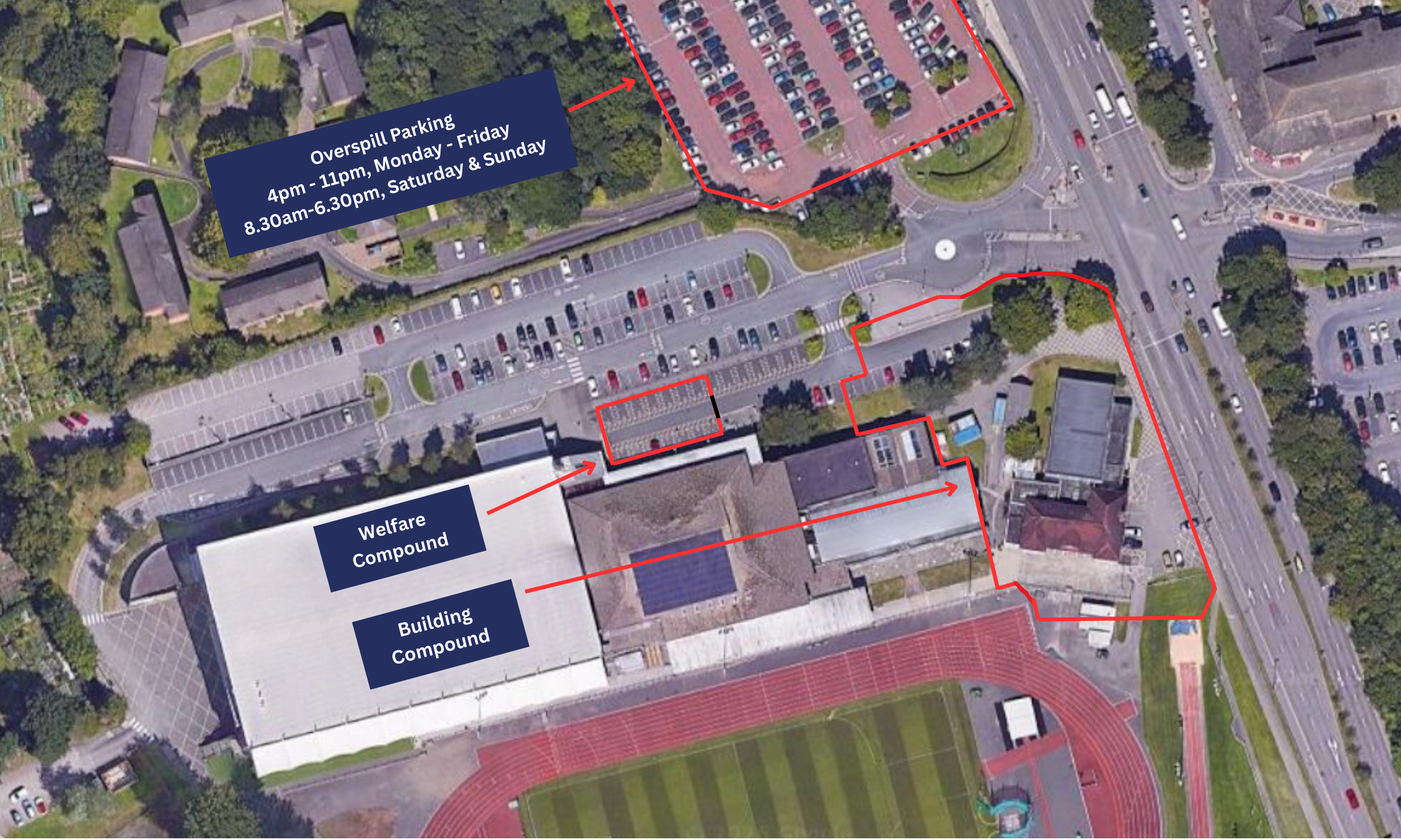 A site plan outlining the arrangements during the build programme for the NISH building at Swansea Bay Sports Park