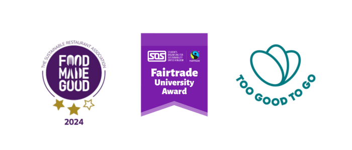 An image demonstrating our sustainable food accreditations - Fair Trade, Too Good to Go and Food Made Good marks