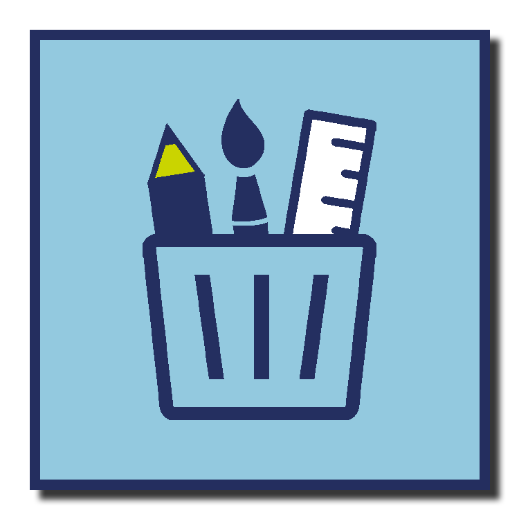 an icon showing a pot containing a pencil, paintbrush and ruler