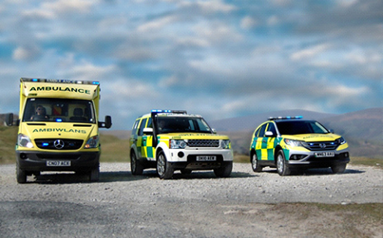 3 ambulances with mountains in background