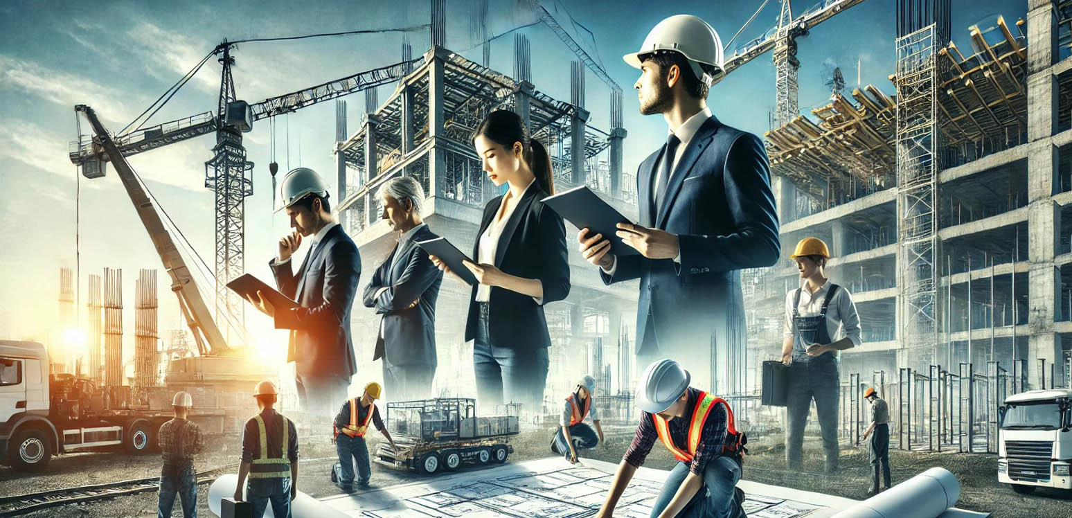 A construction site with people in suits while construction workers work.