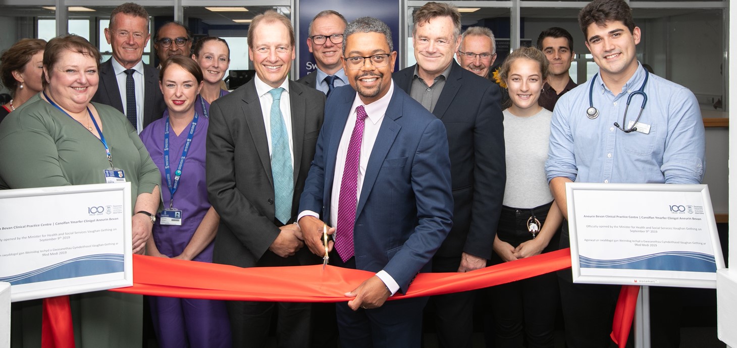 Health Minister Vaughan Gething officially opens the new Aneurin Bevan Clinical Skills Centre alongside senior staff from Swansea University including Vice-Chancellor Professor Paul Boyle, nursing and medical students.