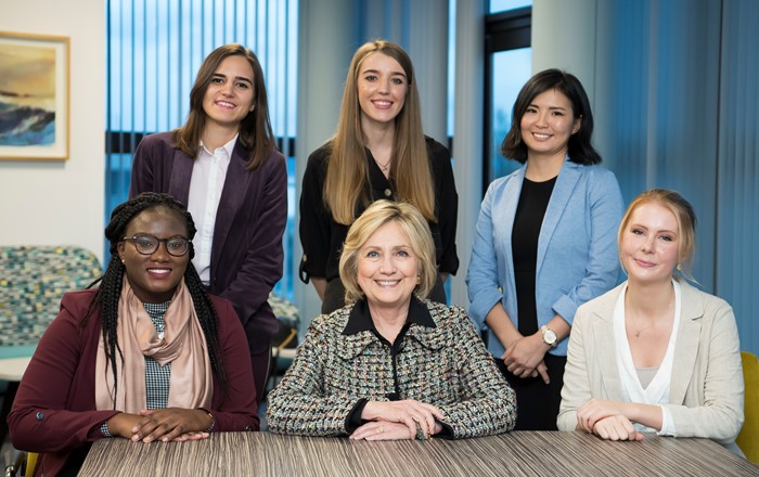 Hillary Clinton with the recipients of the Global Challenges Scholarships. 