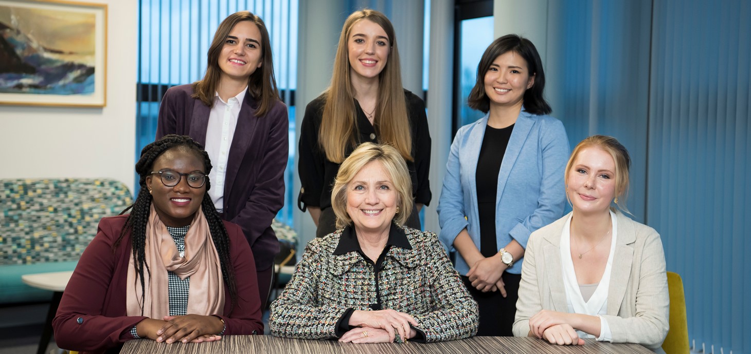Hillary Clinton meeting with the inaugural Global Challenges scholars. 