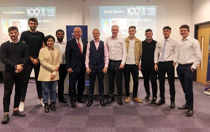 The three mentors Huw Hampson-Jones, Andrew Overton and Simon Saxby are pictured with the students who took part in the Start-up to CEO event.